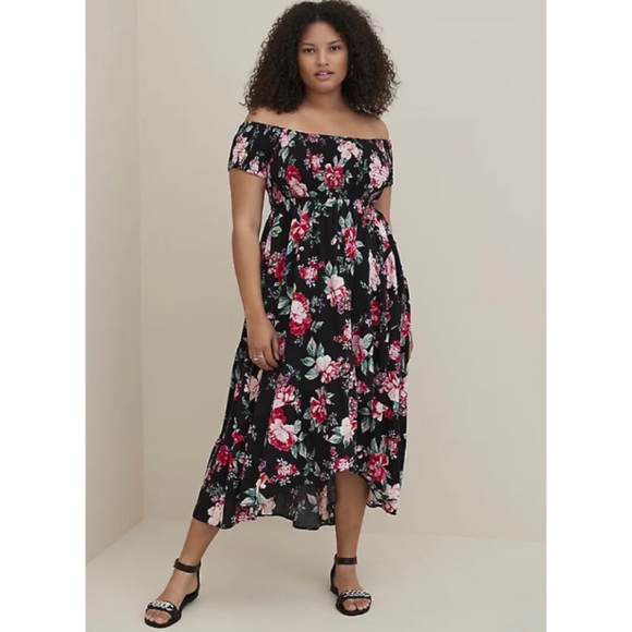 🆕 Black Floral Challis Off Shoulder Hi Low Dress 3 3X 22 24 NWT Torrid New! - Picture 5 of 6